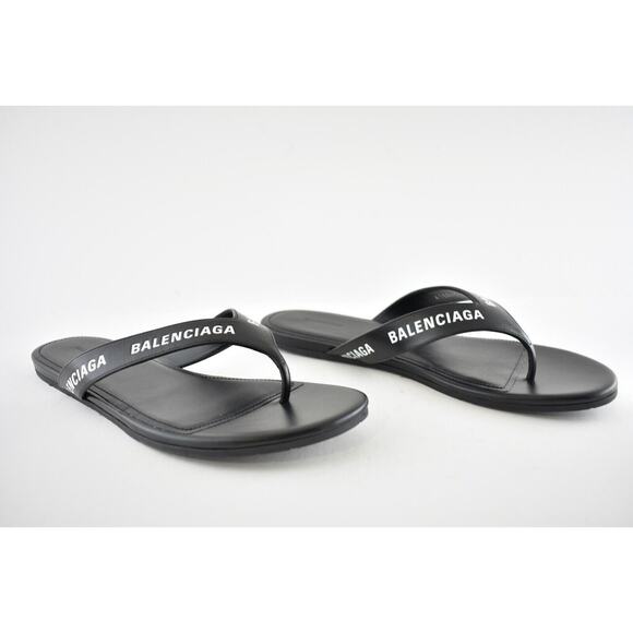Balenciaga Black White Leather Logo Thong Slide Slip On Sandal Flip Flop Flat 37 - Picture 2 of 12
